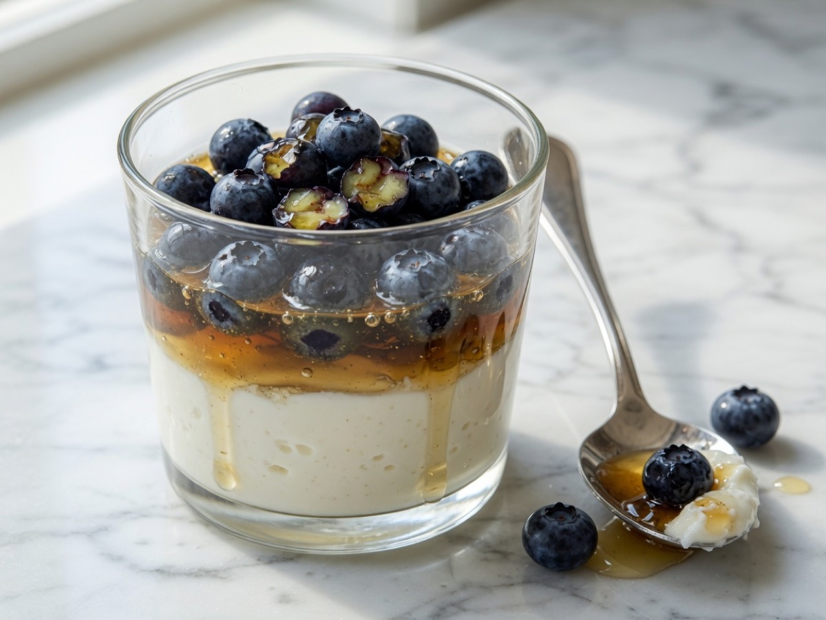 Glass of yogurt layered with honey and blueberries
